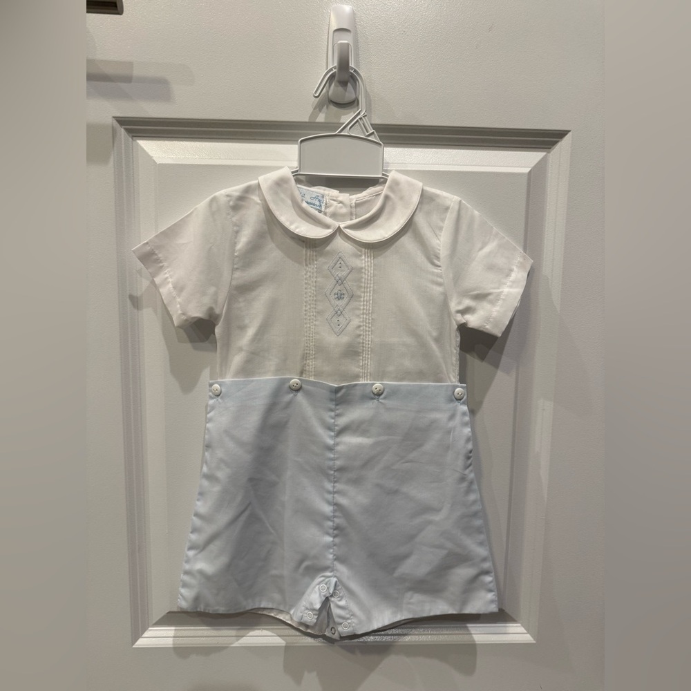 Petit Ami White and Light Blue Kids Dress One Piece